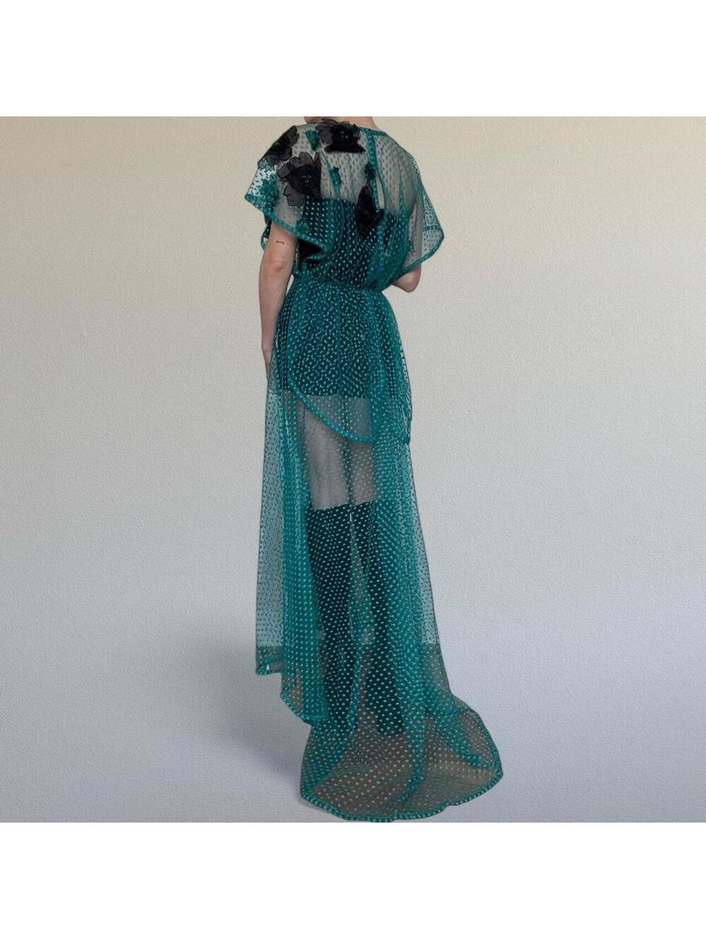 Vintage 80s teal polka dot sheer overlay dress with train Sz. S